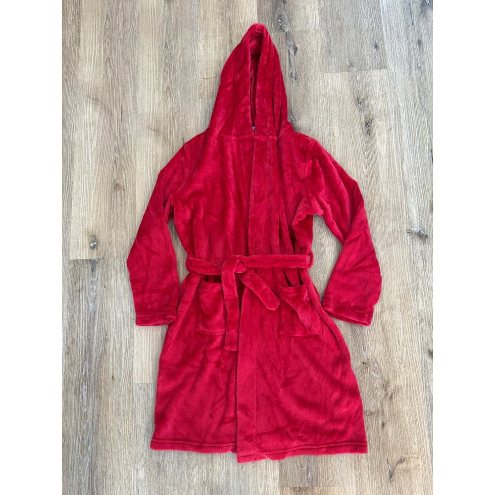 Lands End Minimalist Preppy Hooded Fleece Robe Kids 12 Red Plush Belted Wrap